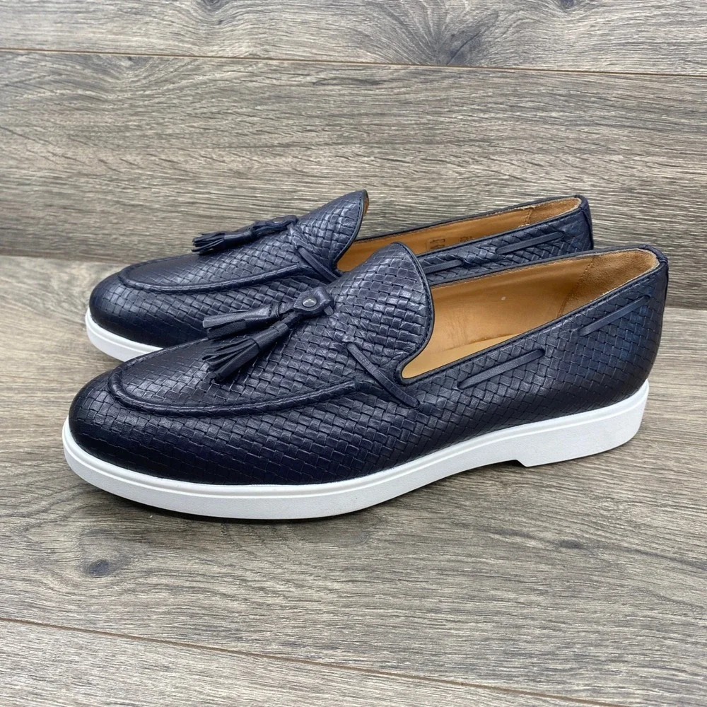 Soldini Woven Leather Tassel Loafers Mens 42 Navy Blue Made in Italy 22306-2-VF1